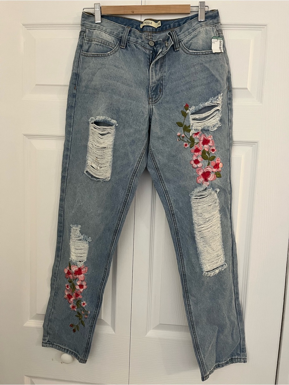 Embroidered Light Blue Distressed Women's Jeans